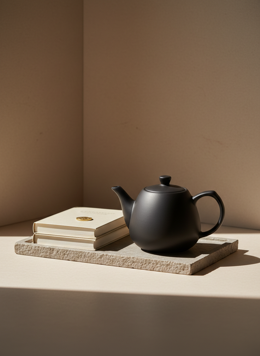 An elegant, matte black ceramic teapot with fine, delicate contours sits on a muted stone serving tray, beside a small stack of pale cream finance books and a single, understated gold coin. The setting is a minimalist study corner, with a faintly textured parchment wallpaper in the background. Soft afternoon light spills from the left, highlighting the teapot’s smooth surface and the books’ subtle grain, casting graceful shadows for depth. The camera is at a gentle side angle, following the rule of thirds to create an open, balanced scene. The mood is contemplative, calm, and serene, suiting a site exploring thoughtful perspectives on finance. The style is clean, sophisticated, and photographic.