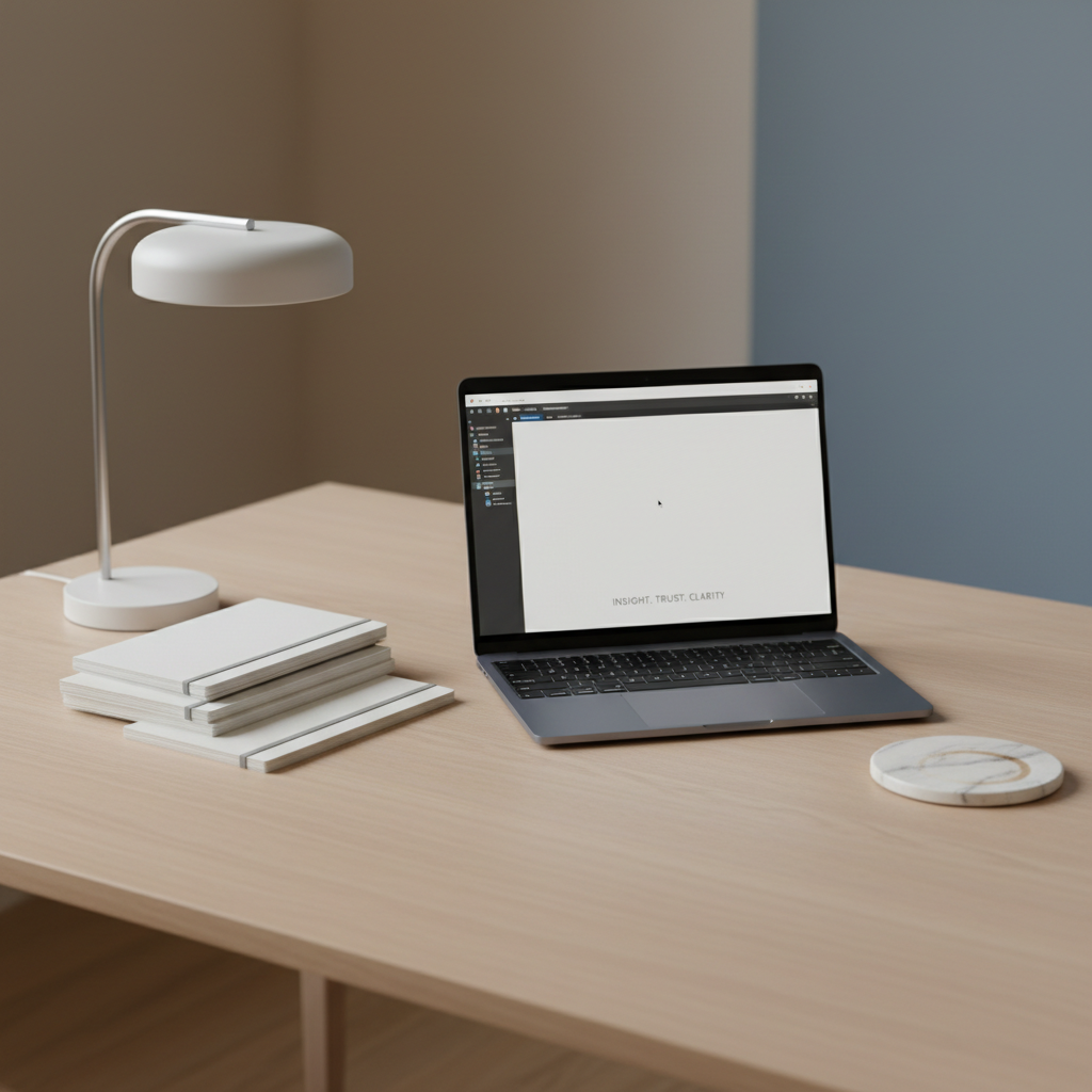 A sophisticated, minimalist workspace featuring a muted steel-blue laptop with a clean, blank editor screen, surrounded by neat stacks of oyster-white notepads and a single, refined marble coaster with a faint coffee cup ring. The desk is set near an arching frosted lamp casting gentle, ambient light, creating faint elegant gradients across the setup. The composition leverages asymmetrical balance and shallow depth of field to guide the eye to the work in progress. The overall atmosphere is productive, clear, and purpose-driven, perfectly aligning with an editorial platform that values insight, trust, and refined clarity.