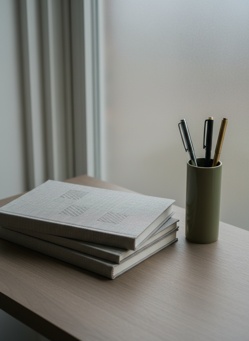 A refined arrangement of hardcover journals in dove grey linen covers, stacked neatly on a matte ash wooden tabletop. Next to them is a slim, muted-olive pen holder with elegantly minimal pens arrayed inside. The setting is a study nook by a frosted glass window, where ambient overcast daylight creates soft, subtle gradients of shadow across the surfaces. The composition is gently elevated and off-center, using shallow depth of field to emphasize the tactile textures and calm mood. The color palette is muted and subdued, radiating sophistication and intent. The style is photographic realism with minimalist, editorial sensibility, embodying clarity and purpose for a thoughtful editorial platform.